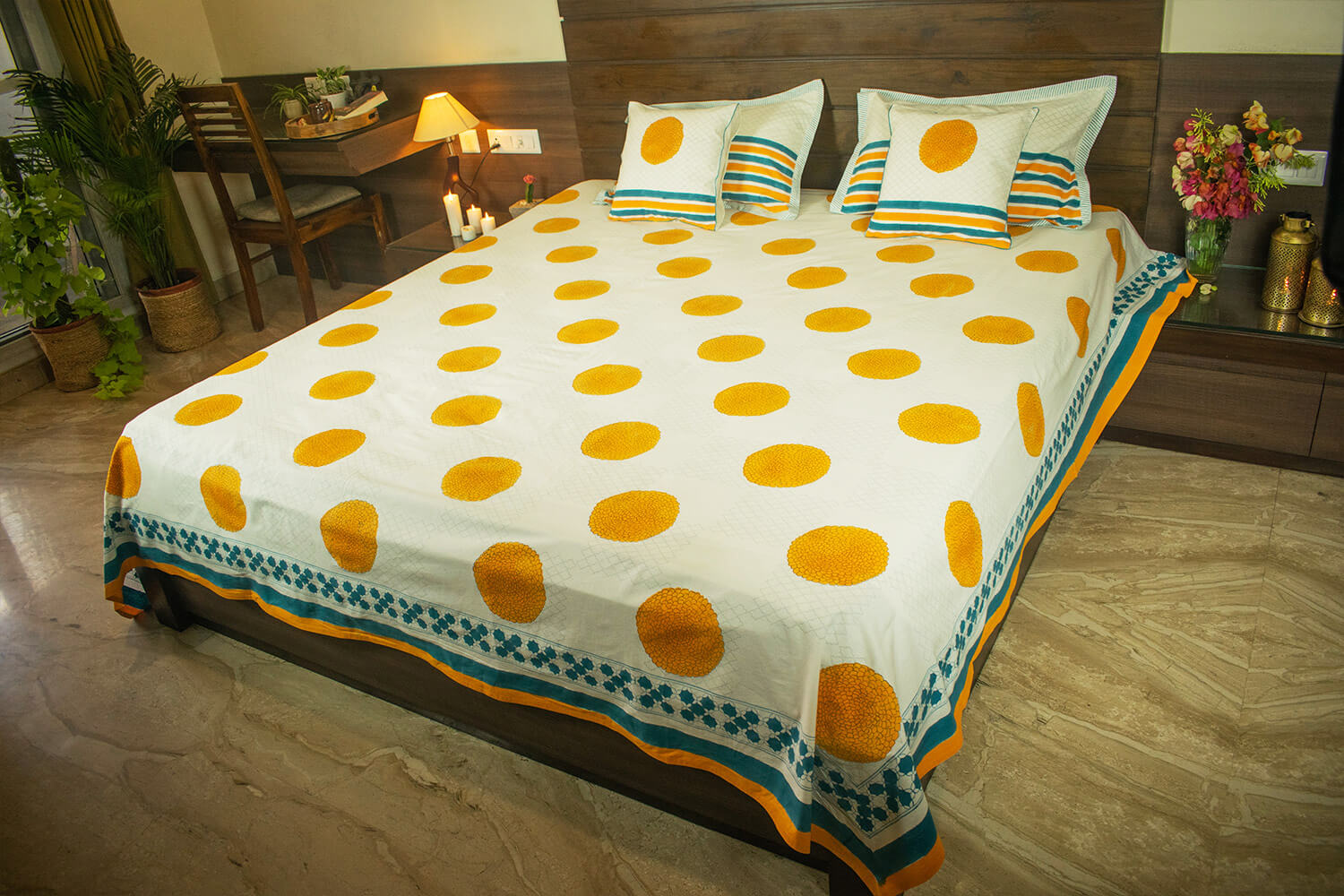 Genda Phool - Hand block printed cotton bed sheets and pillow cases | Earthan