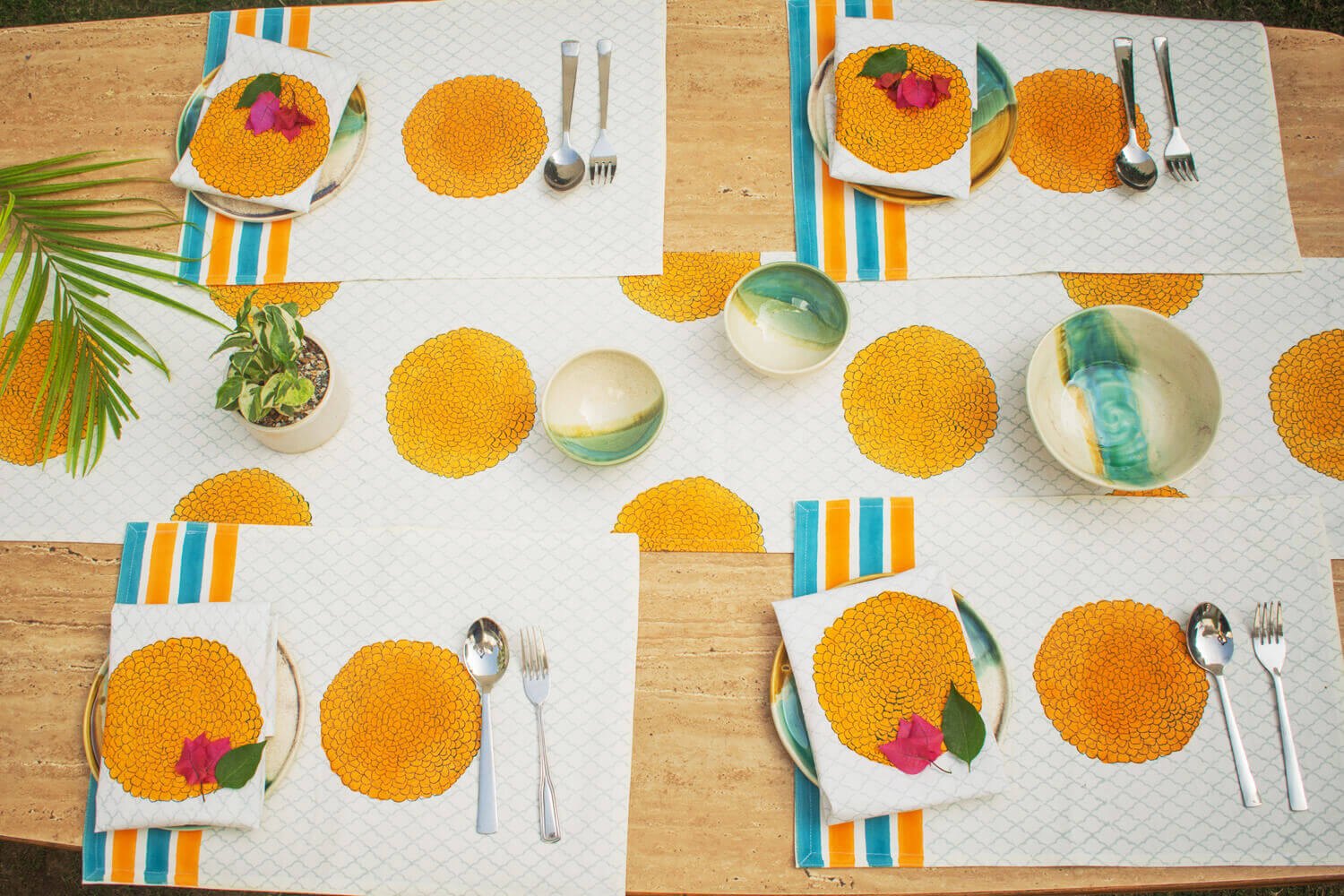 Genda phool - Hand block printed table linen set | Earthan