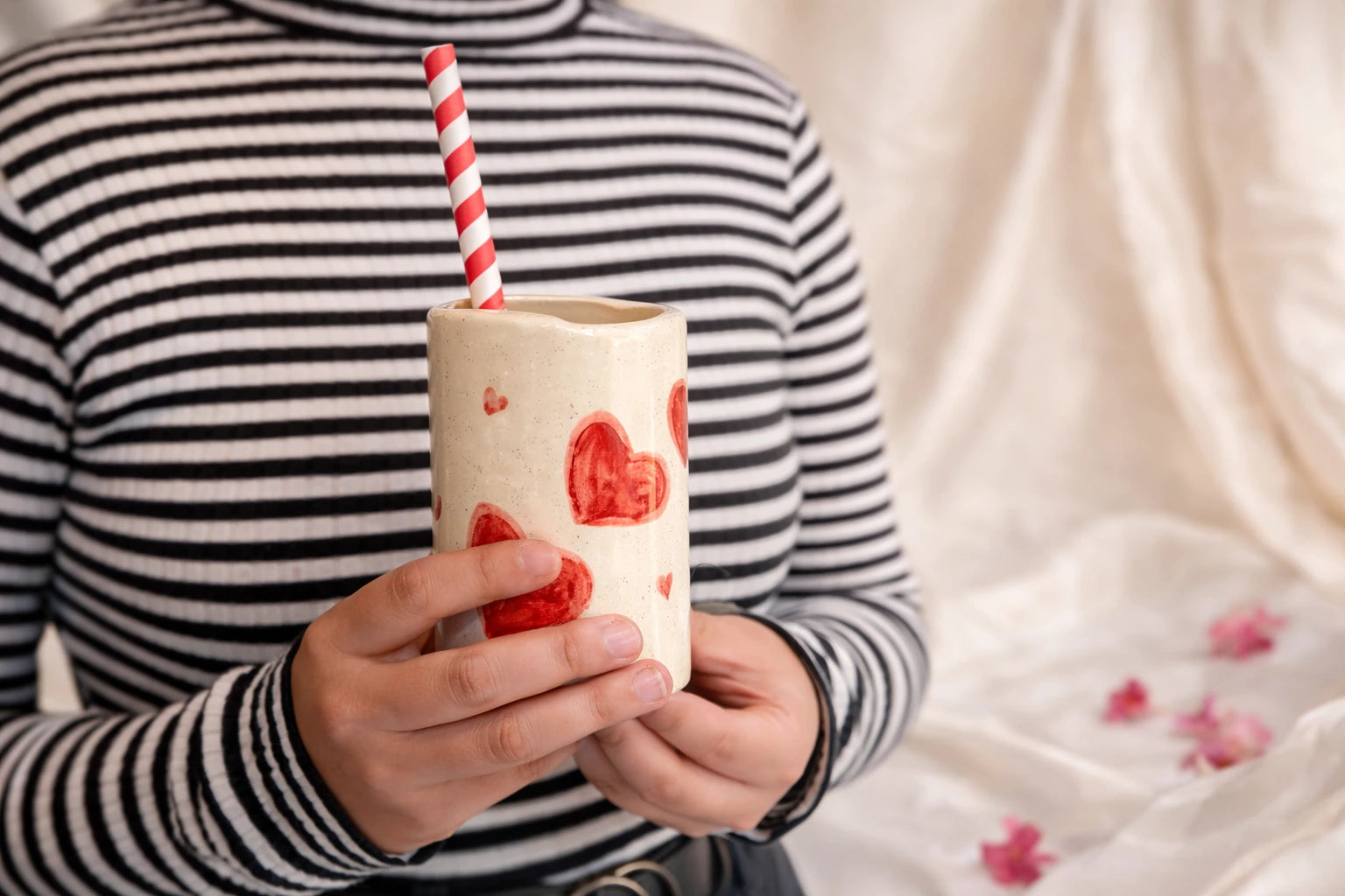 Coffee Sipper – Love Sip Handmade Ceramic Tumblers with red heart designs and a straw.