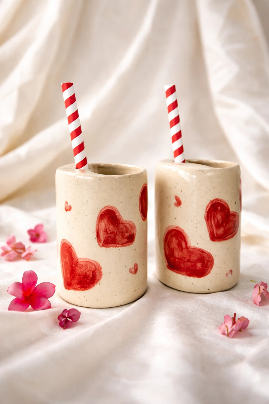 Coffee Sipper – Love Sip Handmade Ceramic Tumblers with red heart designs and striped straws.