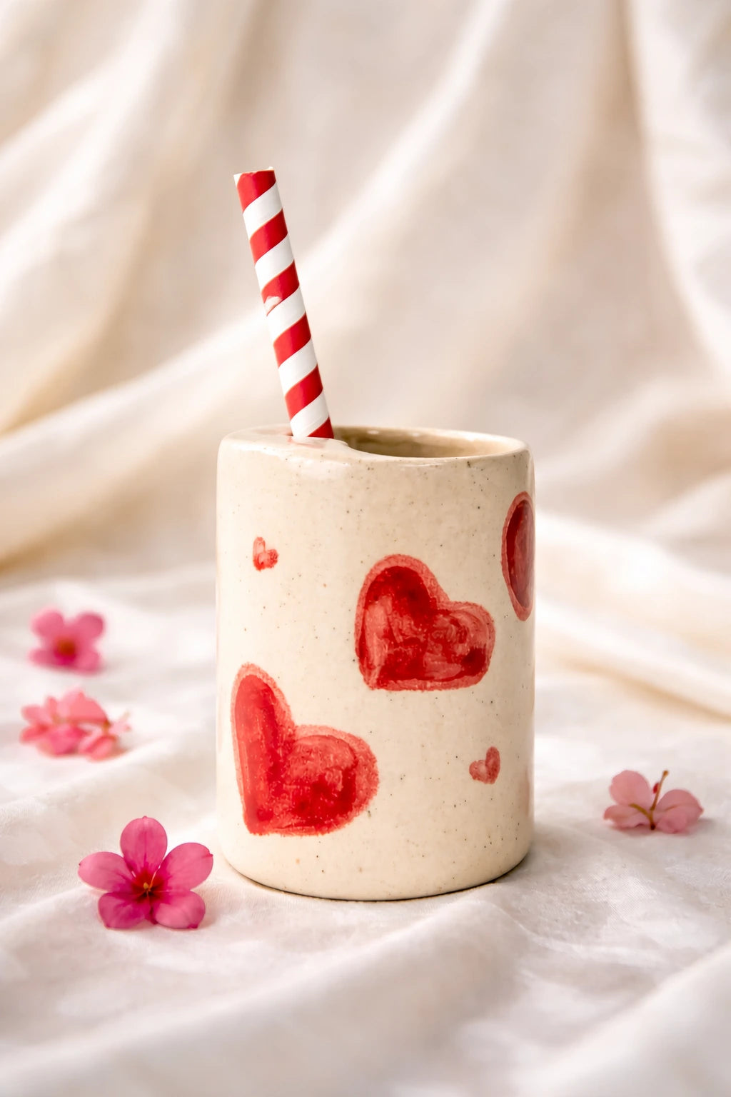 Coffee Sipper – Love Sip Handmade Ceramic Tumblers with red hearts and a straw, ideal for Valentine’s Day.