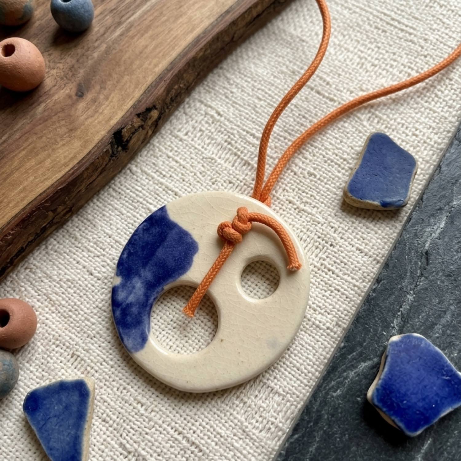 Ceramic Jewelry Everyday Minimal Round White Blue Pendant-Earthan