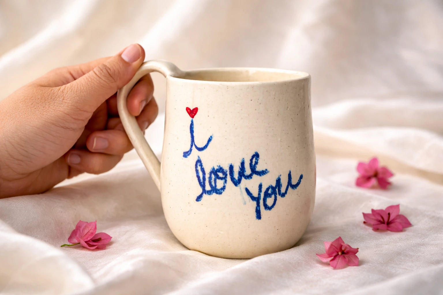 Handcrafted Coffee Mug with 'I Love You' message, hand-painted ceramic, perfect for gifting on special occasions.
