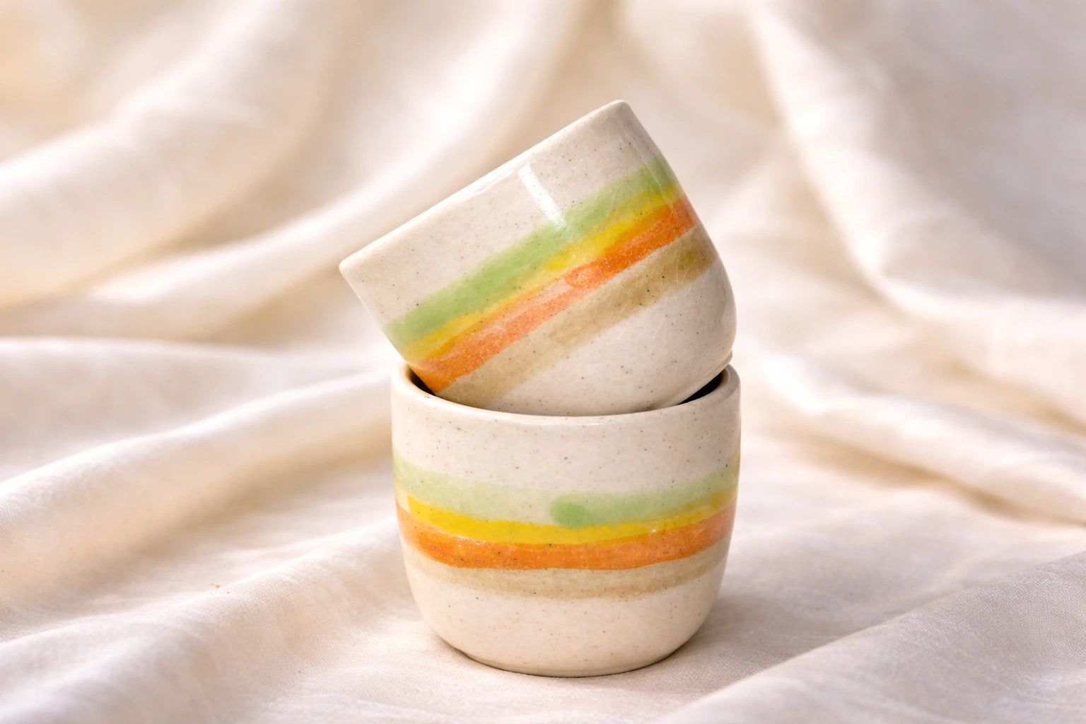 Sake Glasses – Handcrafted ceramic striped glasses in earthy tones, perfect for sipping sake, espresso, or tasting pours.