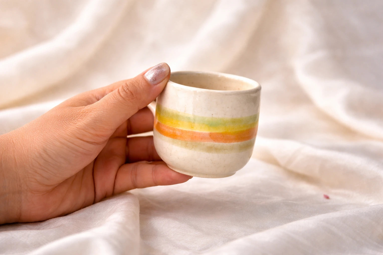 Handcrafted ceramic sake glasses with colorful stripes held in a hand, perfect for sipping sake.