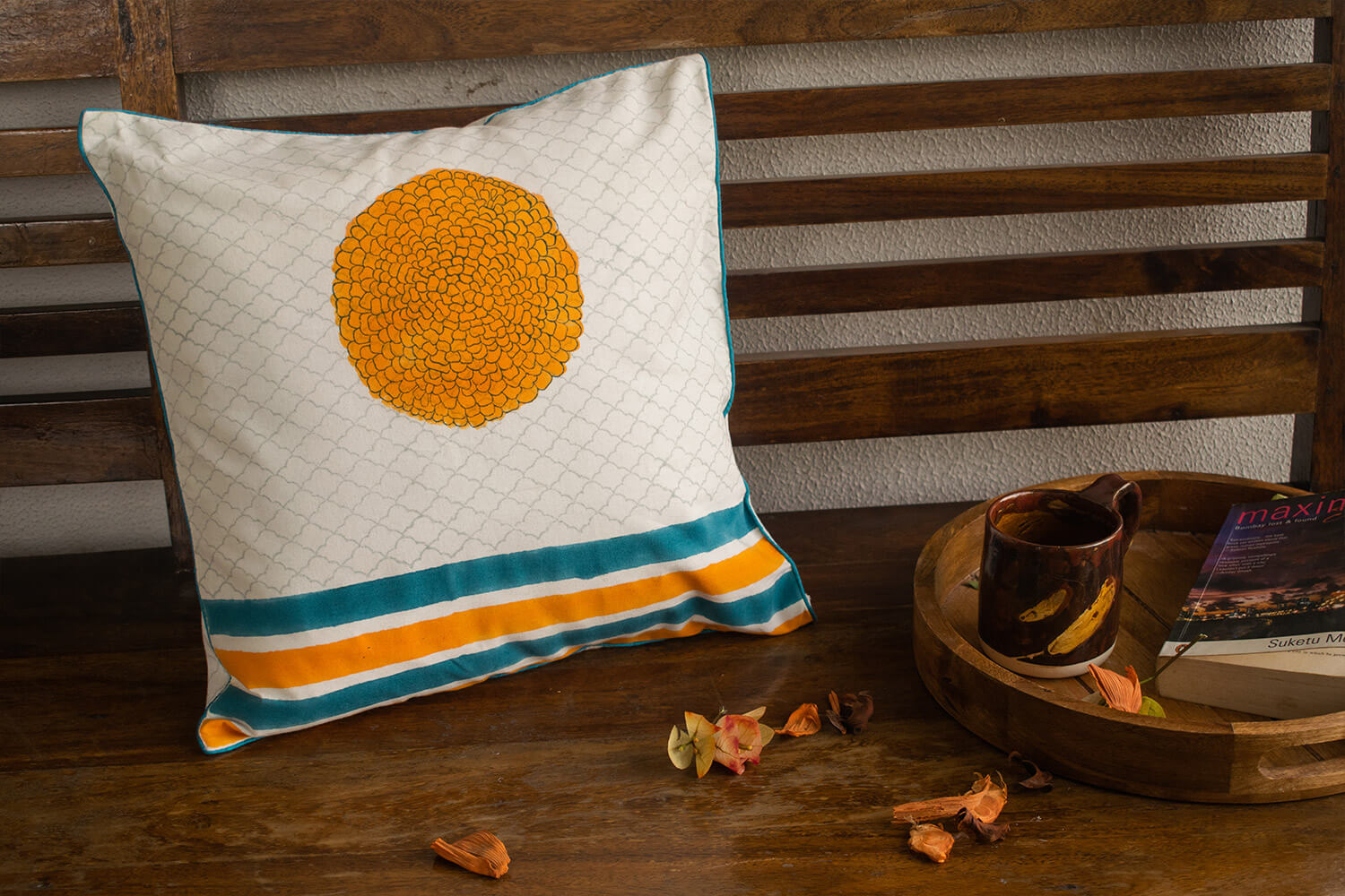 Genda phool - Hand block printed cotton cushion cover | Earthan 