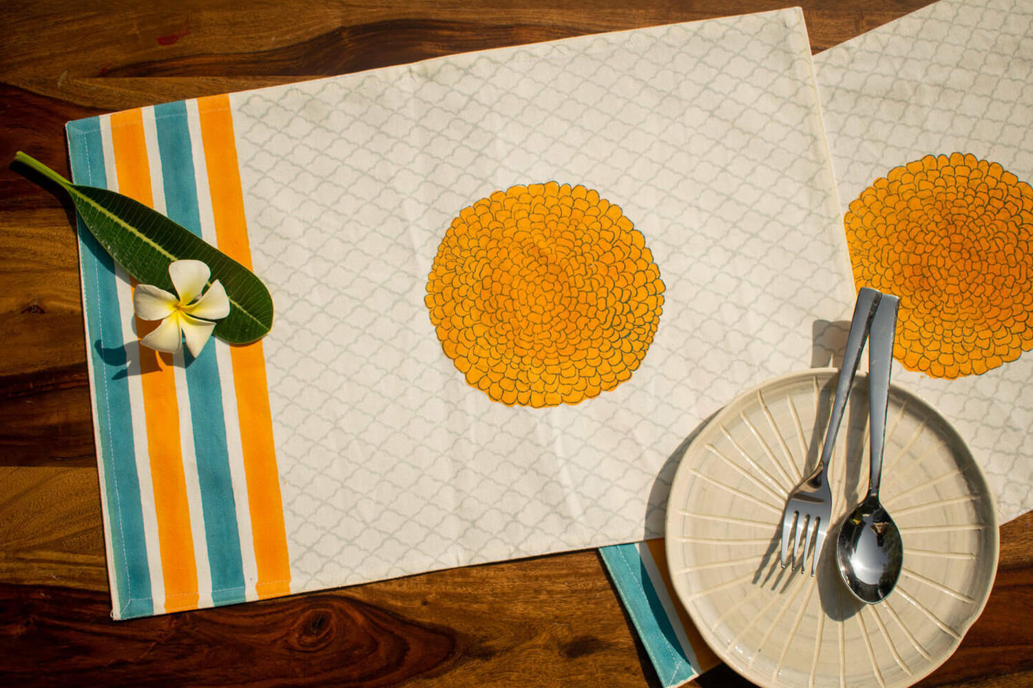 Genda Phool - Hand block printed cotton canvas table mats | Earthan 