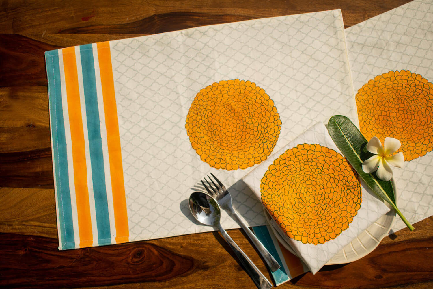 Genda Phool - Hand block printed cotton canvas table mats | Earthan 