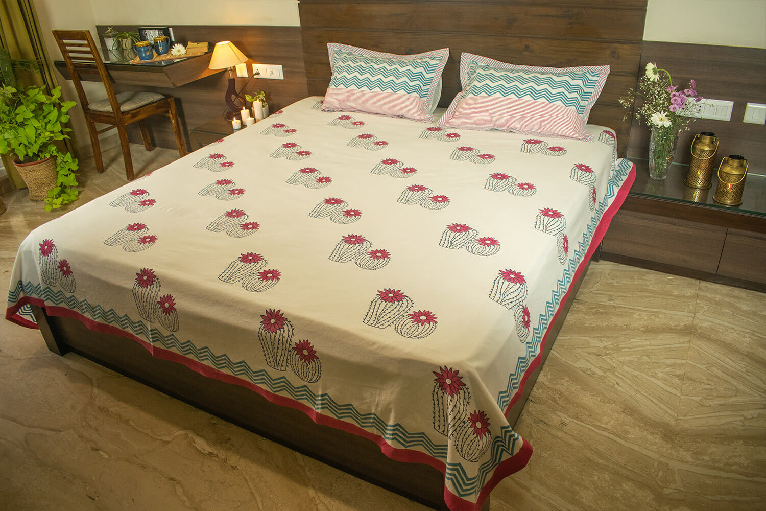 Registani Gulab - Hand block printed cotton bed sheets and pillow cases | Earthan