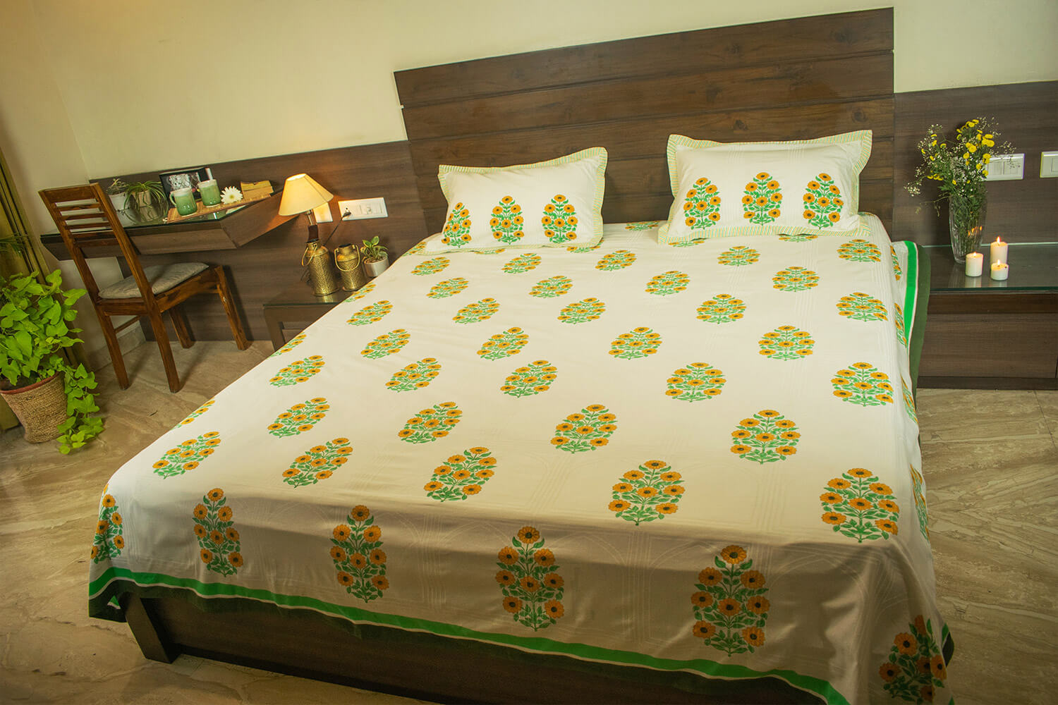 Surajmukhi - Hand block printed cotton bed sheets and pillow cases | Earthan