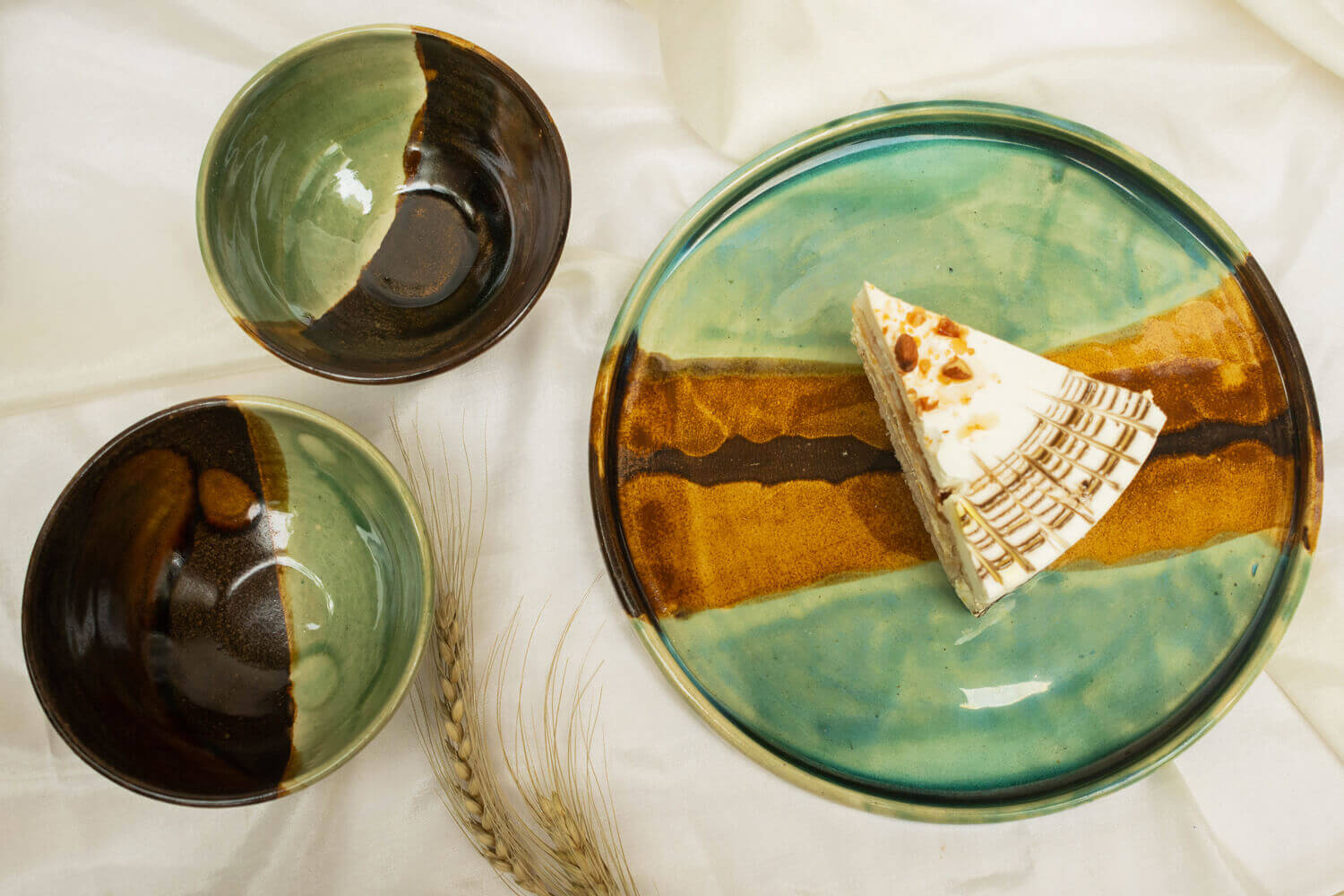 Studio Pottery Green Ceramic Plate and 2 Bowl Set | Earthan